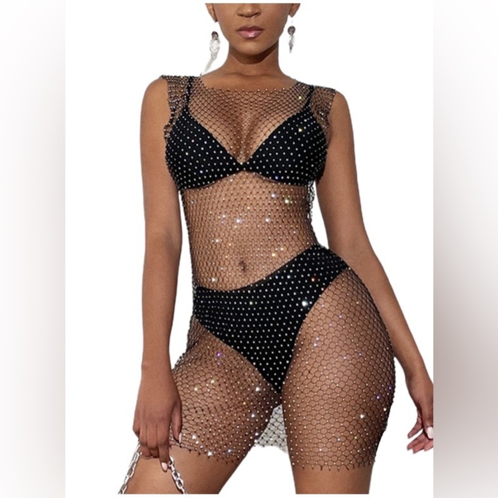 ENDLESS ROSE ~ Embellishment Mini Dress ~ Black Fishnet with Rhinestones - Picture 5 of 15